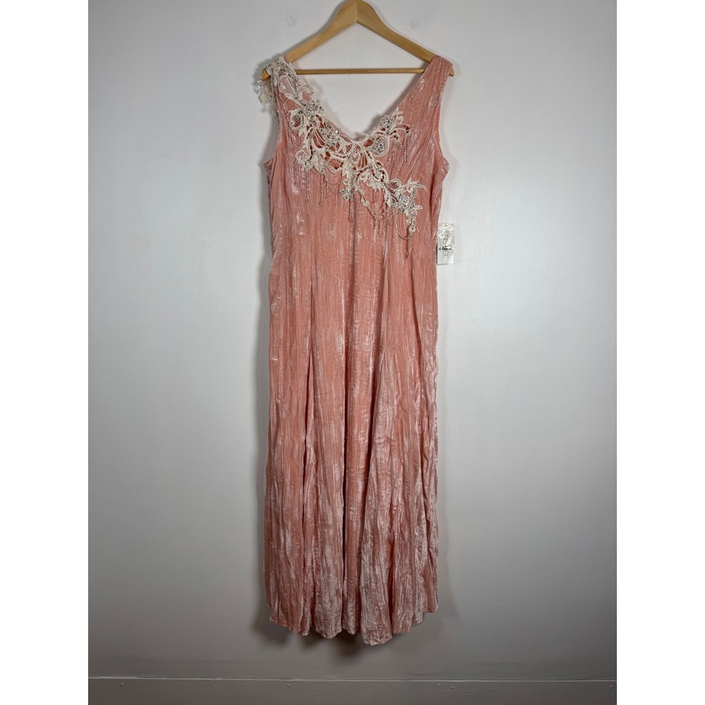 Fairycore Together Womens 14 Maxi Dress Pink Crushed Velvet Beaded Lace V-Neck